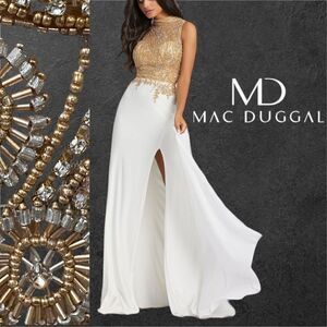 MAC DUGGAL Women’s Floral Beaded High Neck Open Back Gown in Size 2 in Ivory